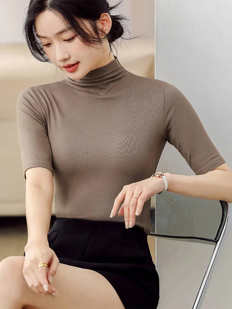 Half Turtleneck Milk Silk Tops Women Short Sleeve Slim T-Shirt - Premium from vistoi shop - Just $24.99! Shop now at vistoi shop