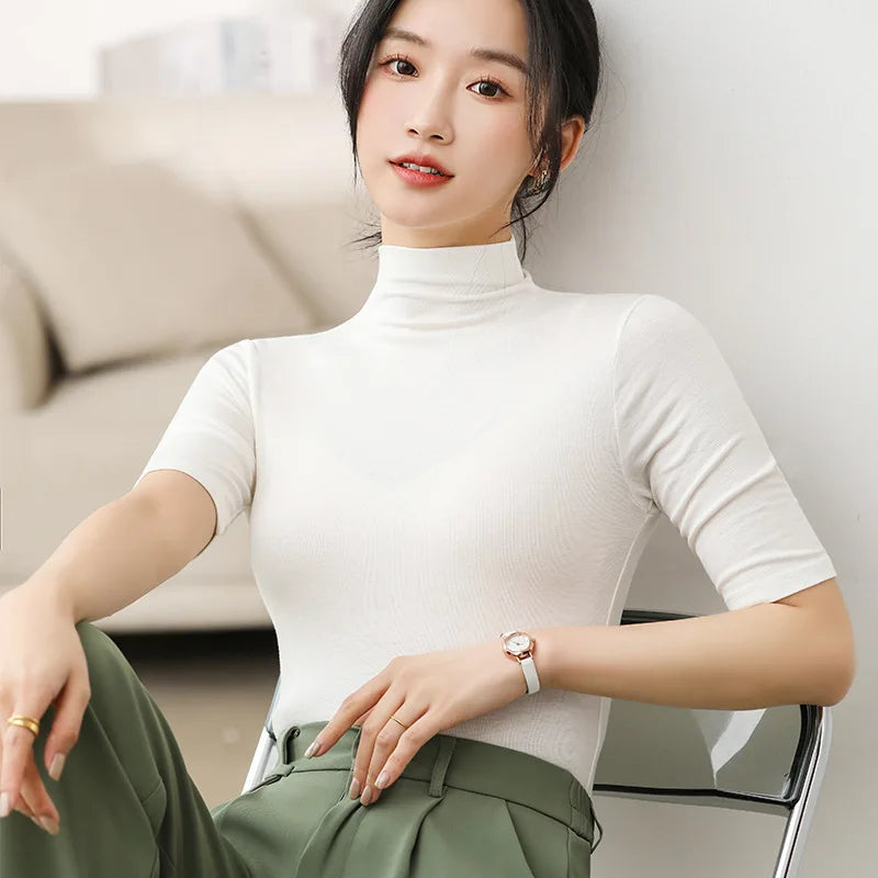 Half Turtleneck Milk Silk Tops Women Short Sleeve Slim T-Shirt - Premium from vistoi shop - Just $24.99! Shop now at vistoi shop