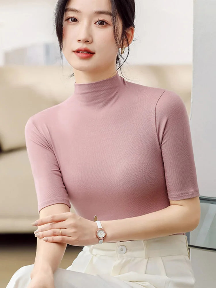 Half Turtleneck Milk Silk Tops Women Short Sleeve Slim T-Shirt - Premium from vistoi shop - Just $24.99! Shop now at vistoi shop