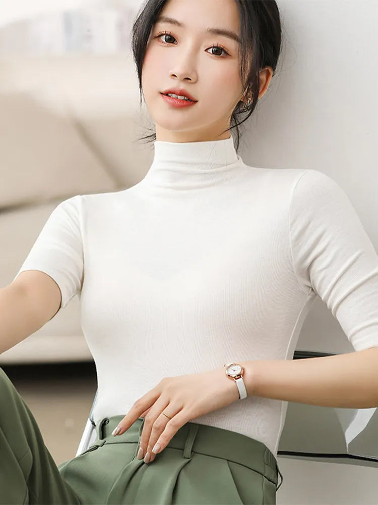 Half Turtleneck Milk Silk Tops Women Short Sleeve Slim T-Shirt - Premium from vistoi shop - Just $24.99! Shop now at vistoi shop