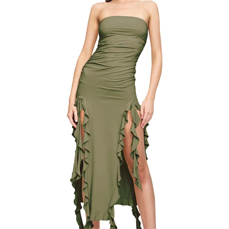 Midi Dress Women Ruffles Split Beach Dress 2023 - Premium from vistoi shop - Just $29.99! Shop now at vistoi shop