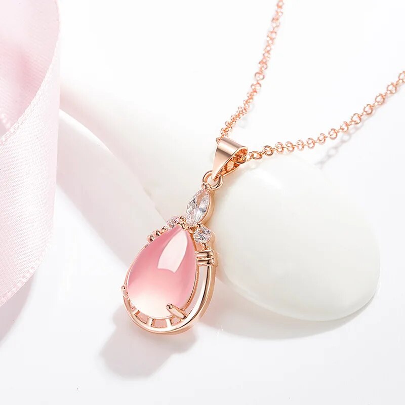 Necklace Water Drop-Shaped Pink Crystal Pendant Necklace for Women Stone Pendant - Premium from vistoi shop - Just $29.93! Shop now at vistoi shop