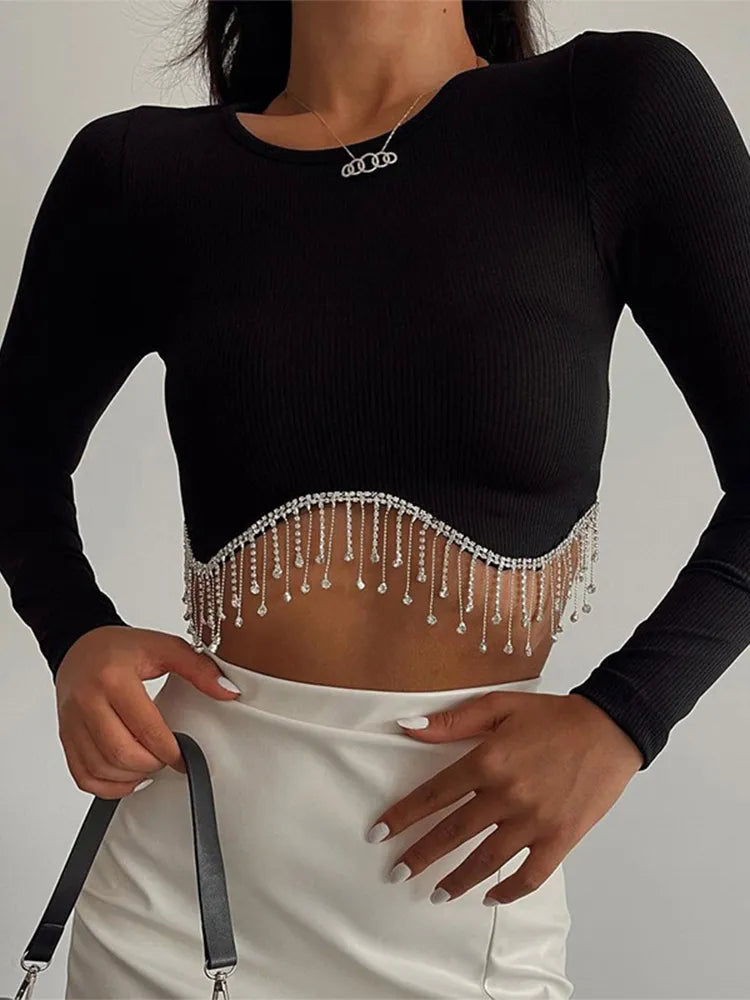 Rhinestone Tassel Cropped Tops Women Slim Solid - Premium from vistoi shop - Just $34.99! Shop now at vistoi shop