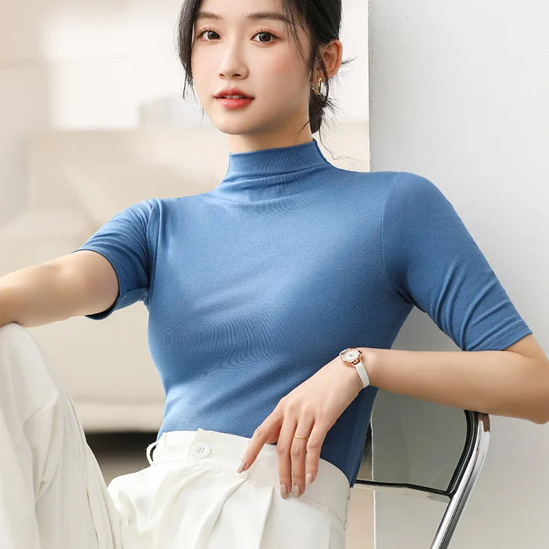 Half Turtleneck Milk Silk Tops Women Short Sleeve Slim T-Shirt - Premium from vistoi shop - Just $24.99! Shop now at vistoi shop