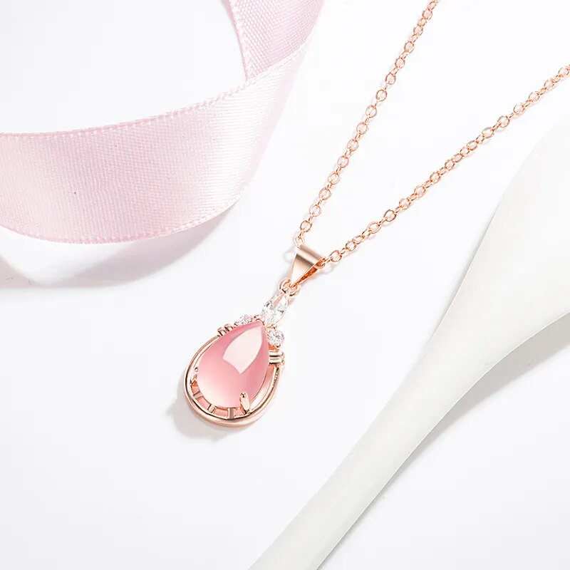 Necklace Water Drop-Shaped Pink Crystal Pendant Necklace for Women Stone Pendant - Premium from vistoi shop - Just $29.93! Shop now at vistoi shop