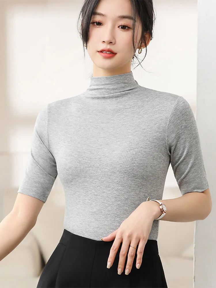 Half Turtleneck Milk Silk Tops Women Short Sleeve Slim T-Shirt - Premium from vistoi shop - Just $24.99! Shop now at vistoi shop