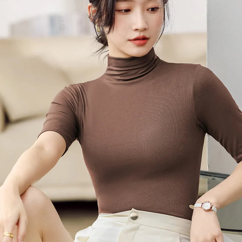Half Turtleneck Milk Silk Tops Women Short Sleeve Slim T-Shirt - Premium from vistoi shop - Just $24.99! Shop now at vistoi shop