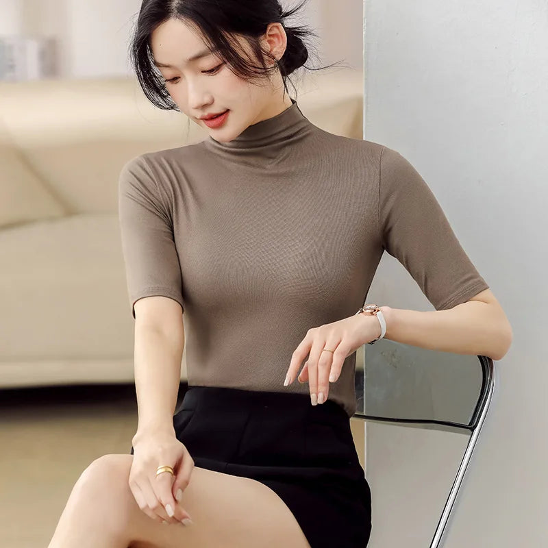 Half Turtleneck Milk Silk Tops Women Short Sleeve Slim T-Shirt - Premium from vistoi shop - Just $24.99! Shop now at vistoi shop