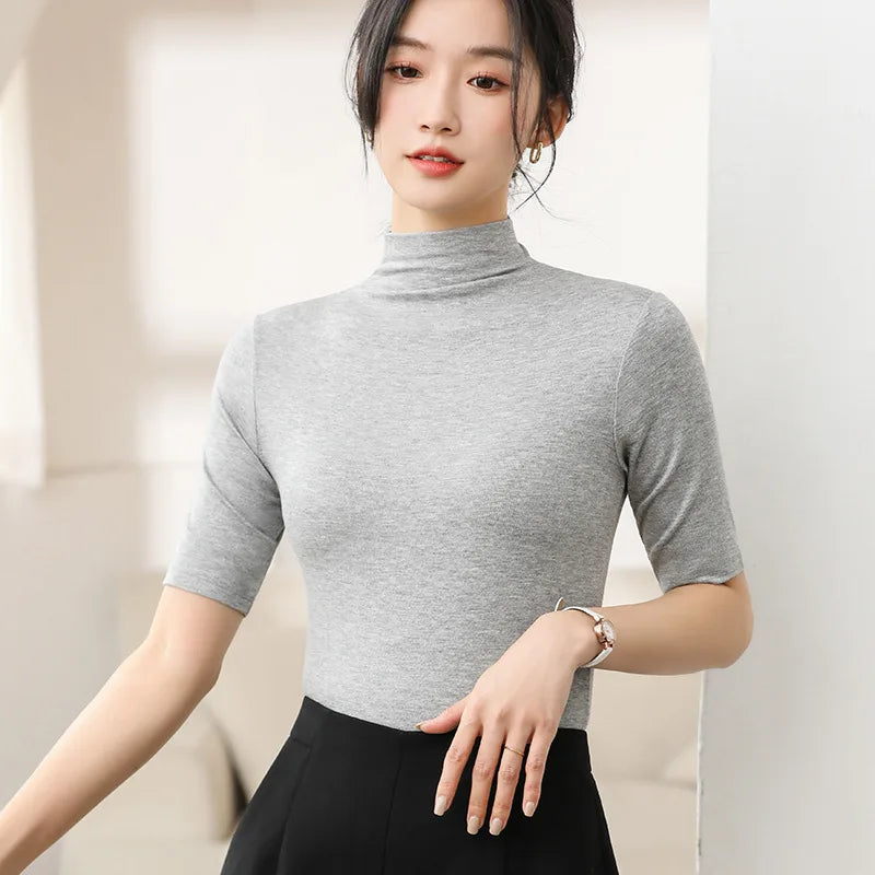 Half Turtleneck Milk Silk Tops Women Short Sleeve Slim T-Shirt - Premium from vistoi shop - Just $24.99! Shop now at vistoi shop