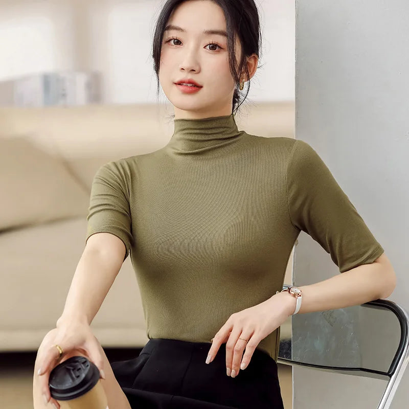 Half Turtleneck Milk Silk Tops Women Short Sleeve Slim T-Shirt - Premium from vistoi shop - Just $24.99! Shop now at vistoi shop