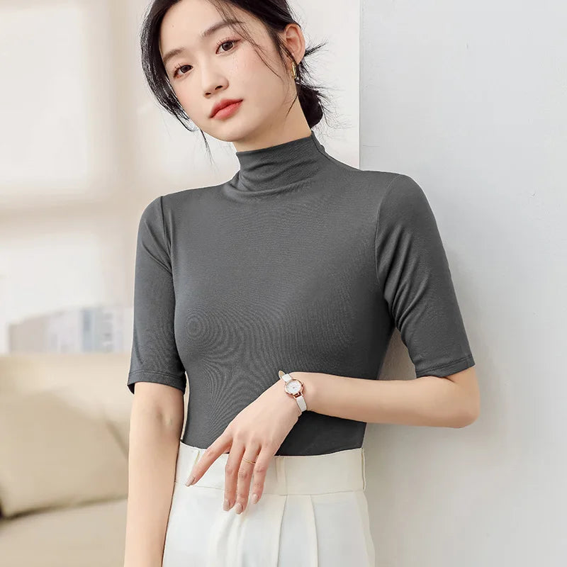 Half Turtleneck Milk Silk Tops Women Short Sleeve Slim T-Shirt - Premium from vistoi shop - Just $24.99! Shop now at vistoi shop