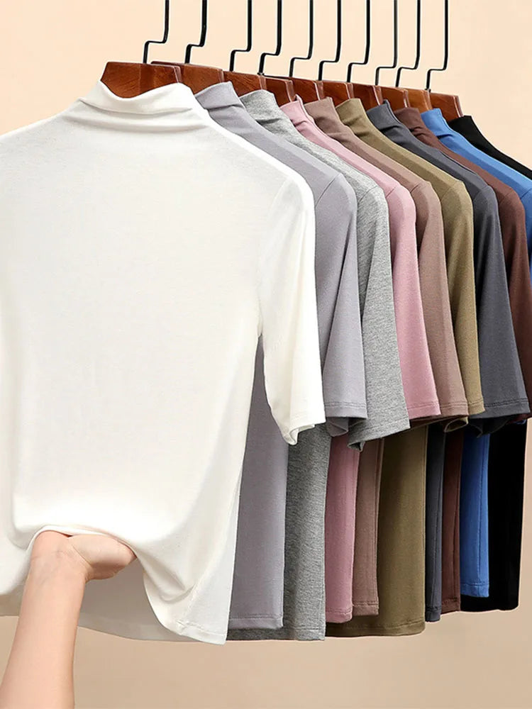 Half Turtleneck Milk Silk Tops Women Short Sleeve Slim T-Shirt - Premium from vistoi shop - Just $24.99! Shop now at vistoi shop