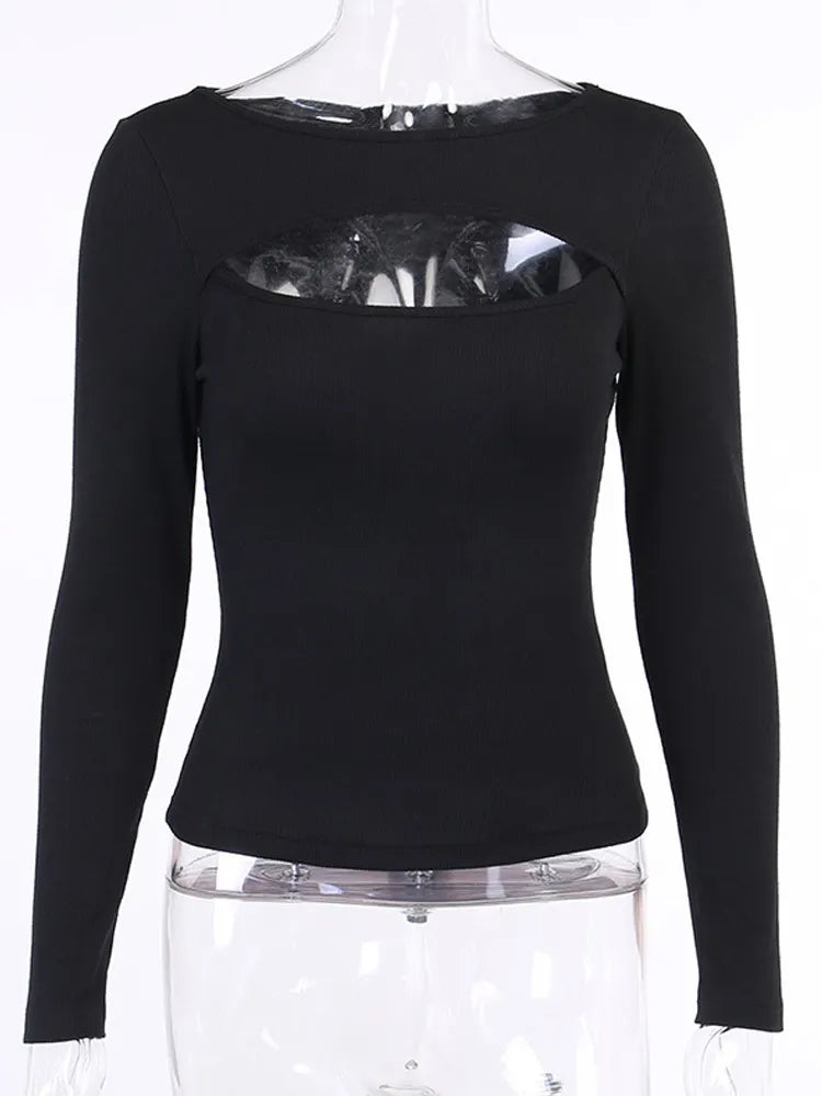 Autumn Women T-Shirt Hollow Out Solid Black White Long - Premium from vistoi shop - Just $29.99! Shop now at vistoi shop