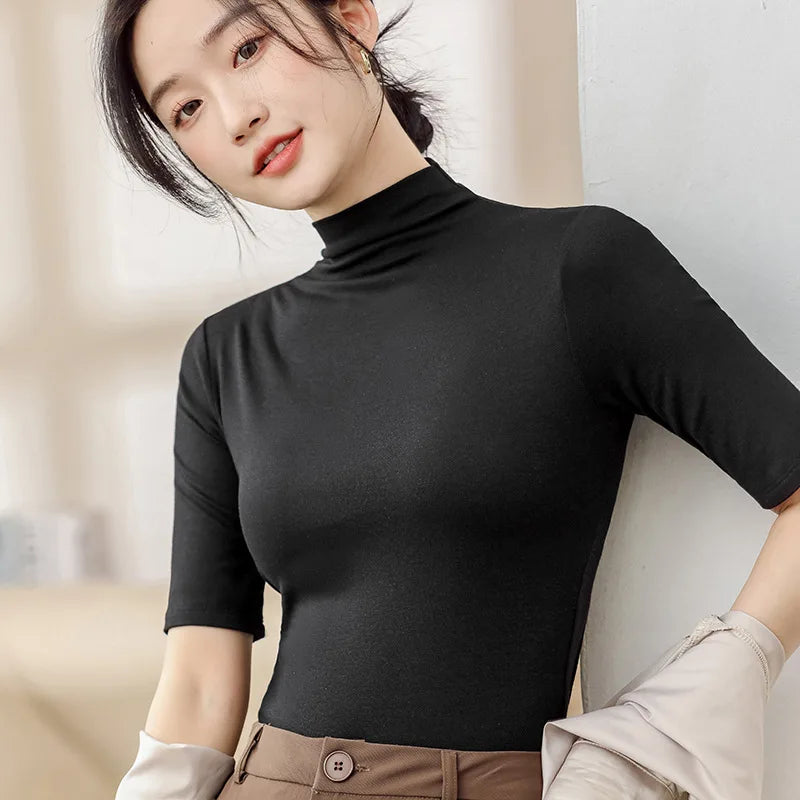 Half Turtleneck Milk Silk Tops Women Short Sleeve Slim T-Shirt - Premium from vistoi shop - Just $24.99! Shop now at vistoi shop