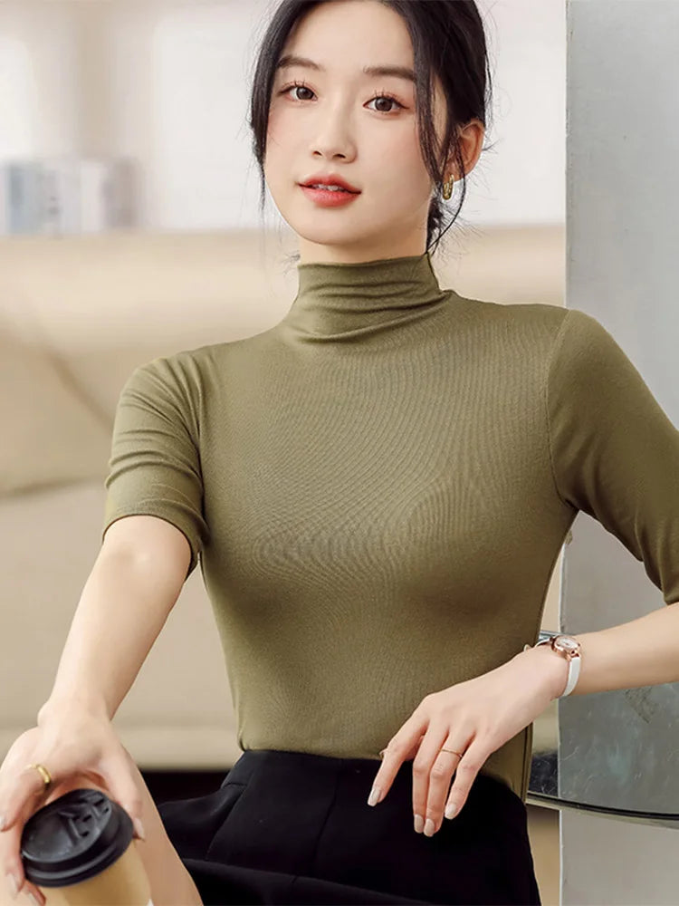 Half Turtleneck Milk Silk Tops Women Short Sleeve Slim T-Shirt - Premium from vistoi shop - Just $24.99! Shop now at vistoi shop