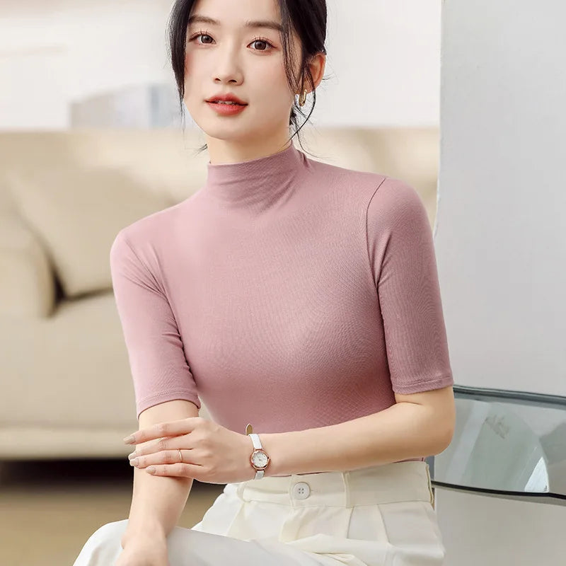 Half Turtleneck Milk Silk Tops Women Short Sleeve Slim T-Shirt - Premium from vistoi shop - Just $24.99! Shop now at vistoi shop