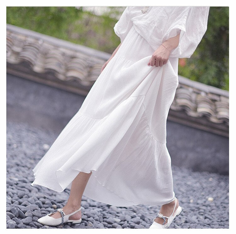 White Long Skirt High Waist Stretch Cotton And Linen Skirts - Premium  from vistoi shop - Just $34.99! Shop now at vistoi shop