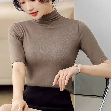 Half Turtleneck Milk Silk Tops Women Short Sleeve Slim T-Shirt - Premium  from vistoi shop - Just $24.99! Shop now at vistoi shop
