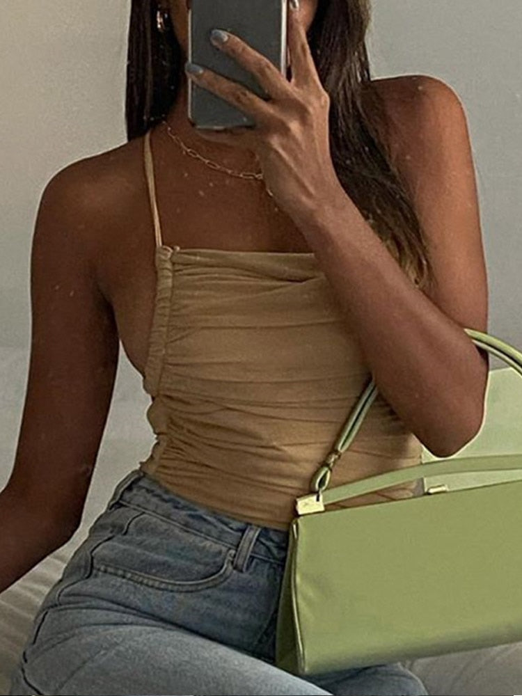 Bodysuits Fashion Mesh Ruched Halter Bodysuit Women