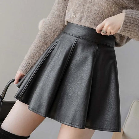 Pleated Skirt Autumn Women Solid Color Leather Winter Skirts - Premium  from vistoi shop - Just $32.75! Shop now at vistoi shop