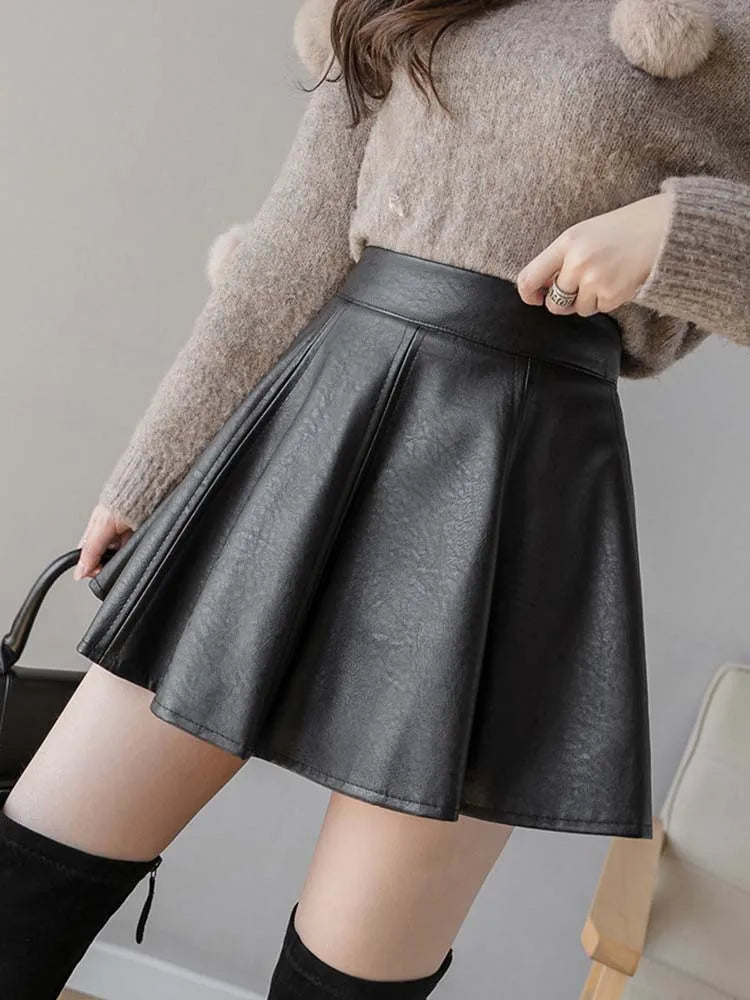 Pleated Skirt Autumn Women Solid Color Leather Winter Skirts - Premium  from vistoi shop - Just $32.75! Shop now at vistoi shop