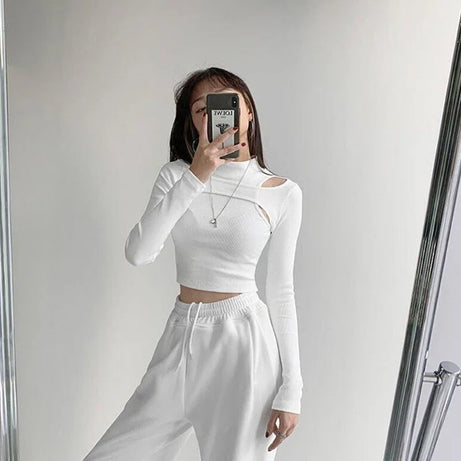 Knitted Crop Tops Women New Fitness Fake Two-piece T-shirt - Premium  from vistoi shop - Just $29.99! Shop now at vistoi shop