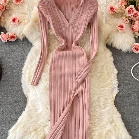 Women Knitted Dress Long Sleeve V Neck Elastic