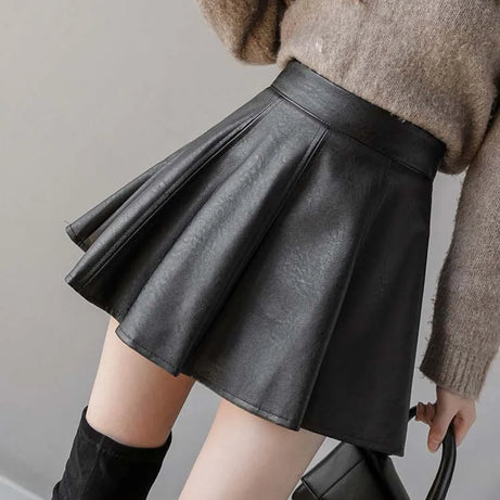 Pleated Skirt Autumn Women Solid Color Leather Winter Skirts - Premium  from vistoi shop - Just $32.75! Shop now at vistoi shop