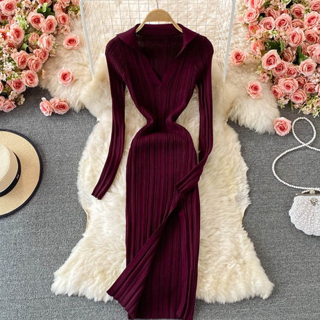 Women Knitted Dress Long Sleeve V Neck Elastic - Premium  from vistoi shop - Just $34.99! Shop now at vistoi shop