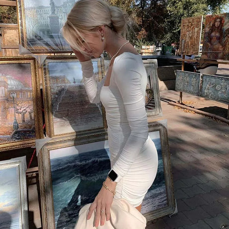 Ruched Solid Women Long Sleeve Mini Dress Bodycon 2023 - Premium  from vistoi shop - Just $28.99! Shop now at vistoi shop