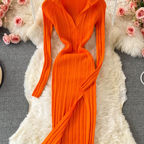 Women Knitted Dress Long Sleeve V Neck Elastic