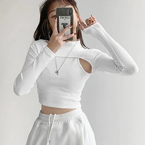Knitted Crop Tops Women New Fitness Fake Two-piece T-shirt - Premium  from vistoi shop - Just $29.99! Shop now at vistoi shop