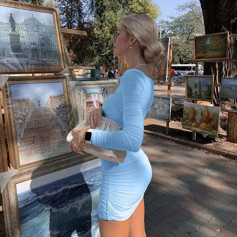 Ruched Solid Women Long Sleeve Mini Dress Bodycon 2023 - Premium  from vistoi shop - Just $28.99! Shop now at vistoi shop