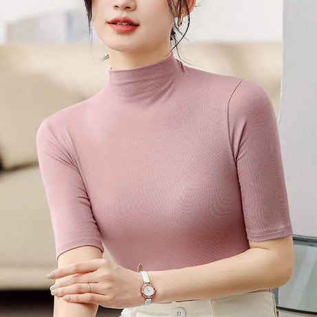 Half Turtleneck Milk Silk Tops Women Short Sleeve Slim T-Shirt - Premium  from vistoi shop - Just $24.99! Shop now at vistoi shop