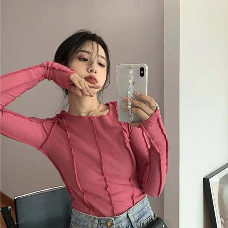 Long Sleeve T-shirts Women Spring Solid O-Neck Elegant Bright