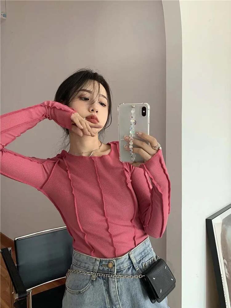 Long Sleeve T-shirts Women Spring Solid O-Neck Elegant Bright