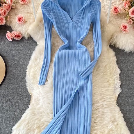 Women Knitted Dress Long Sleeve V Neck Elastic