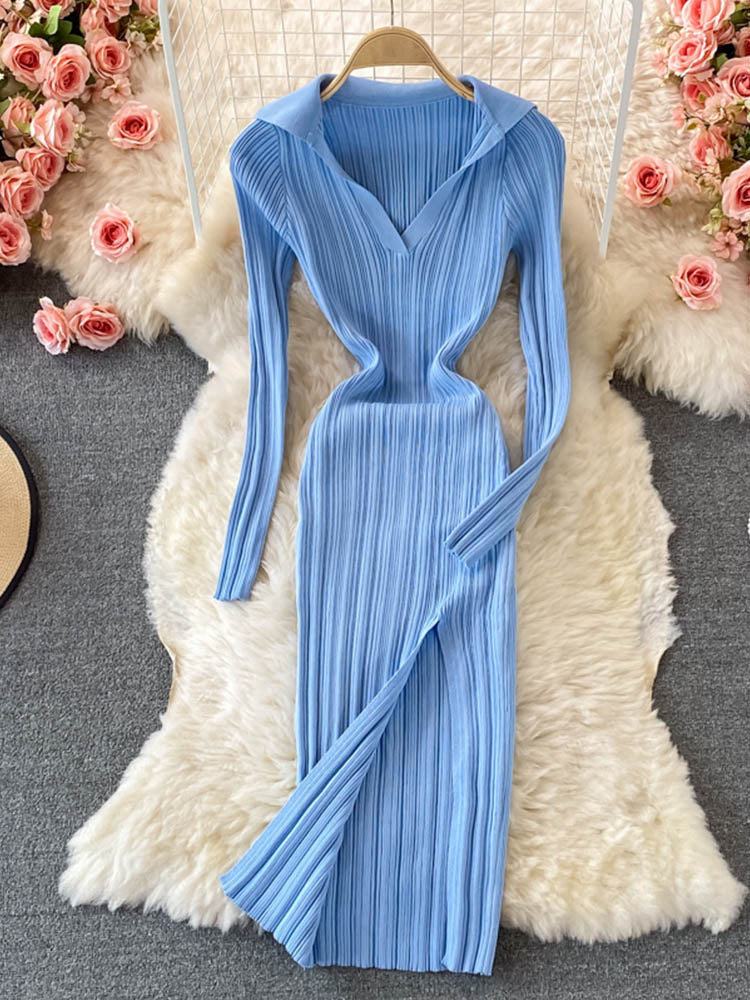 Women Knitted Dress Long Sleeve V Neck Elastic