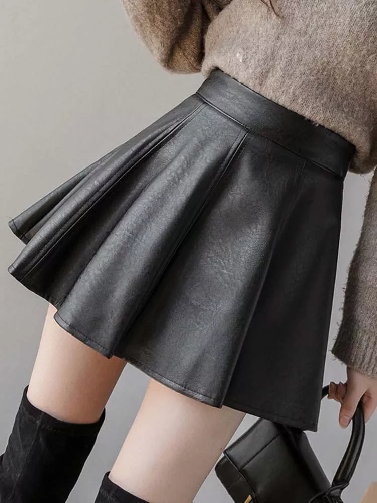 Pleated Skirt Autumn Women Solid Color Leather Winter Skirts - Premium  from vistoi shop - Just $32.75! Shop now at vistoi shop