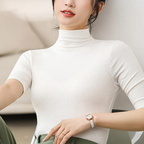 Half Turtleneck Milk Silk Tops Women Short Sleeve Slim T-Shirt - Premium  from vistoi shop - Just $24.99! Shop now at vistoi shop