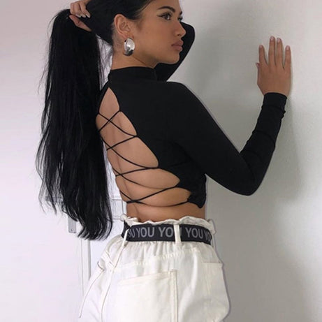 women cotton hollow out t-shirt bandage backless 2023