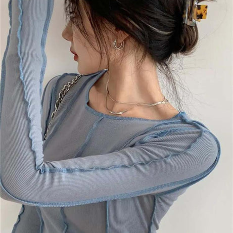 Long Sleeve T-shirts Women Spring Solid O-Neck Elegant Bright