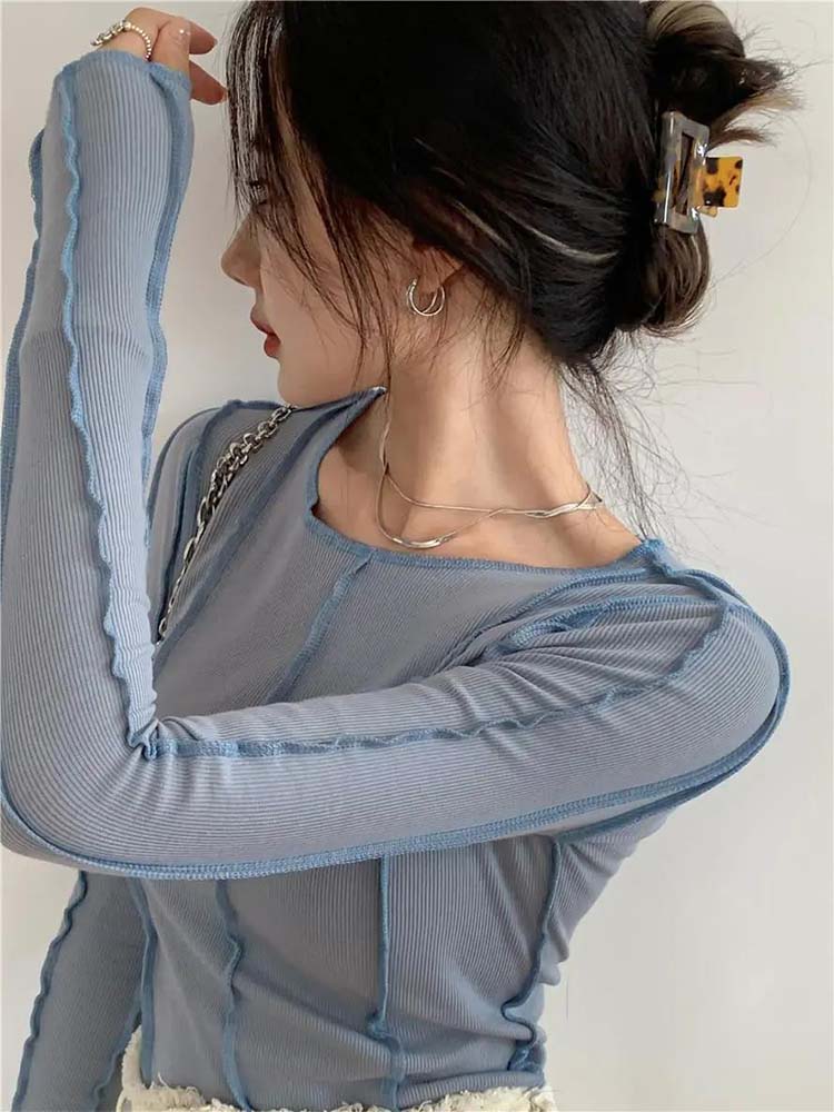 Long Sleeve T-shirts Women Spring Solid O-Neck Elegant Bright