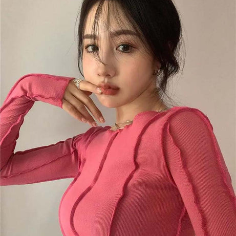 Long Sleeve T-shirts Women Spring Solid O-Neck Elegant Bright