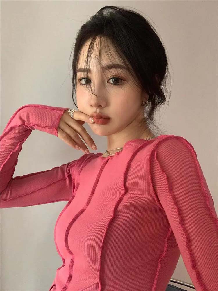 Long Sleeve T-shirts Women Spring Solid O-Neck Elegant Bright