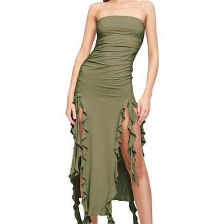 Midi Dress Women Ruffles Split Beach Dress 2023 - Premium  from vistoi shop - Just $29.99! Shop now at vistoi shop