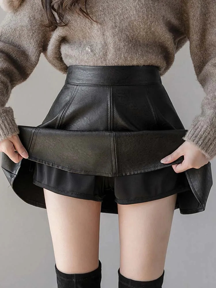 Pleated Skirt Autumn Women Solid Color Leather Winter Skirts - Premium  from vistoi shop - Just $32.75! Shop now at vistoi shop