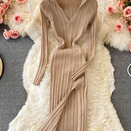 Women Knitted Dress Long Sleeve V Neck Elastic