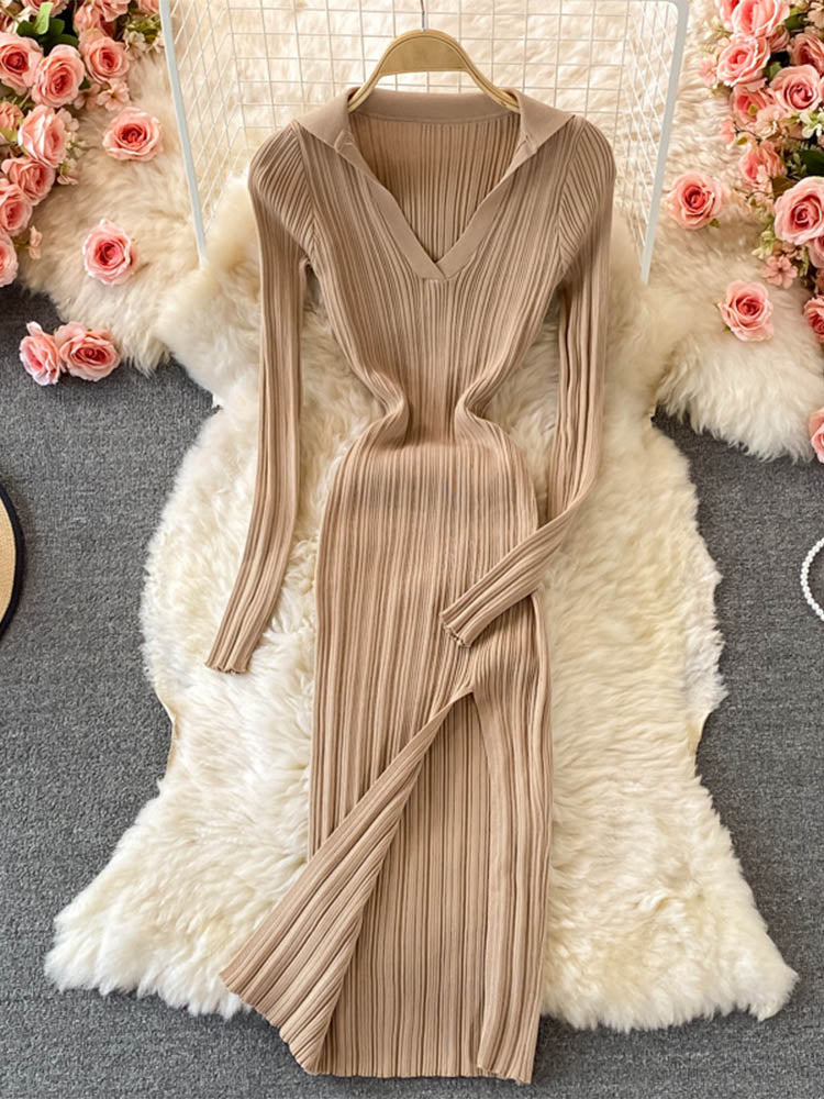 Women Knitted Dress Long Sleeve V Neck Elastic