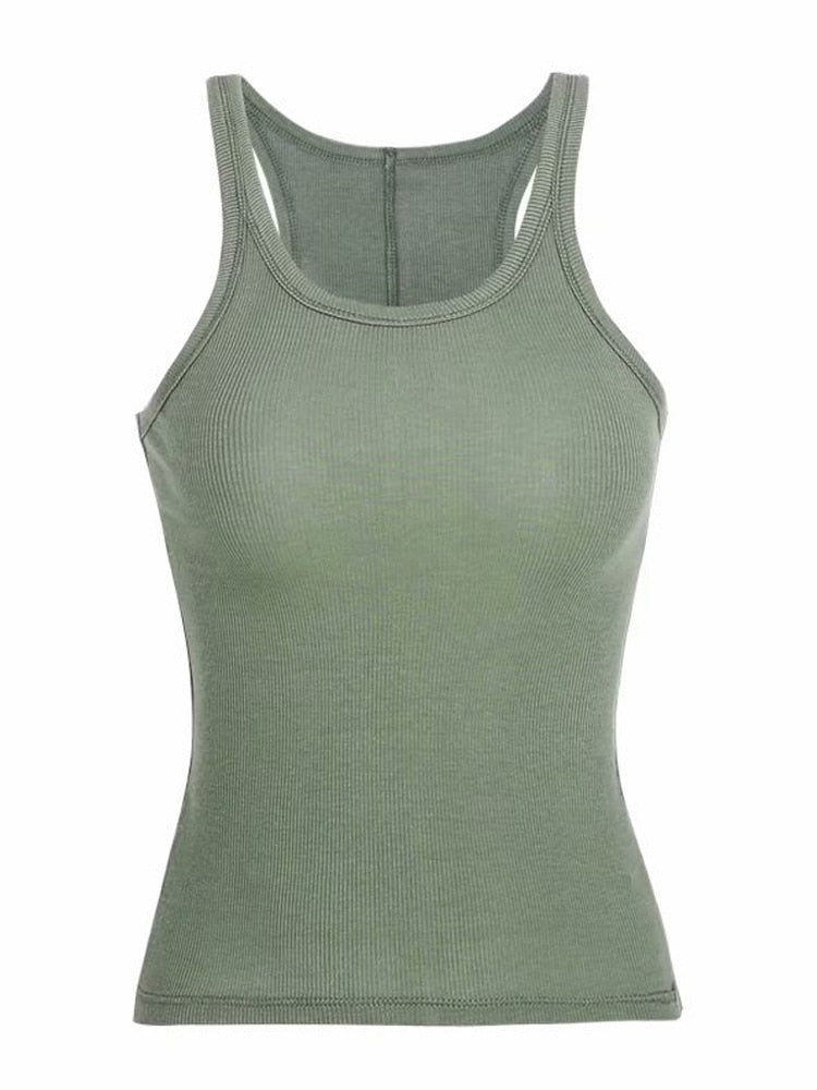 Solid Color Basic Ribbed Knitted Tank Top Women Summer Vintage